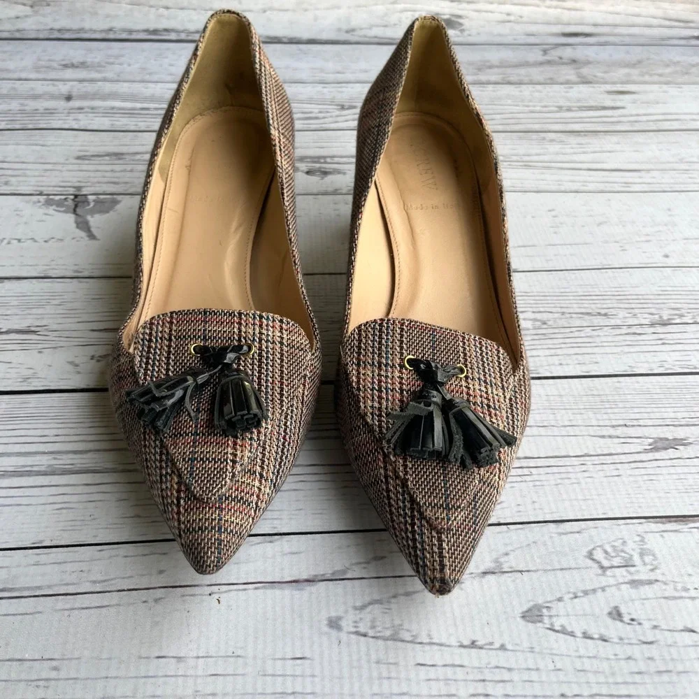 J.Crew Avery Women Italy‎ Plaid Tweed Tassel Block Heel Pumps Kate Middleton 7.5